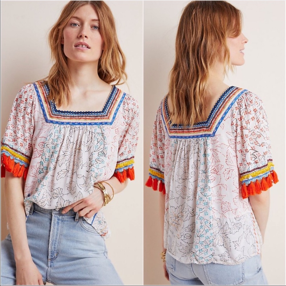 Anthro Maeve Paolina Tassel Embroidered Blouse